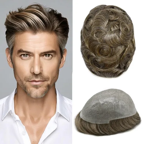 Vista 53 de 0.002 in ultra fina piel tupé Remy cabello humano piezas para hombres V-Looped sistema de pelo para hombre tupé pelo tupé para hombres protesis