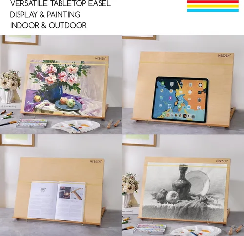 Vista 6 de MEEDEN Caballete de mesa A2 de madera para pintar, tablero ajustable de dibujo y boceto de 5 posiciones con correa para el hombro, caballete