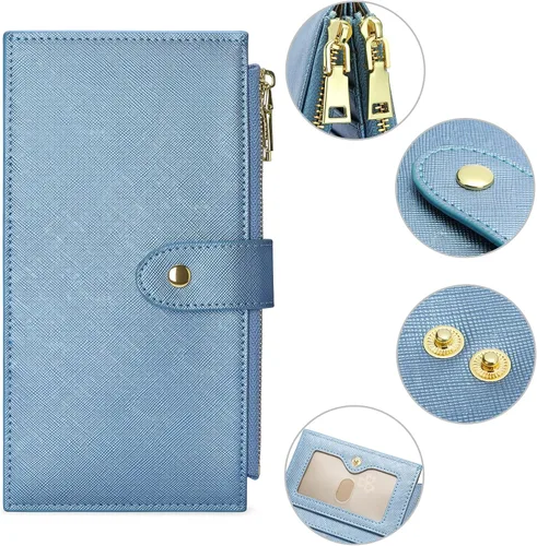 Vista 3 de GOIACII Cartera para mujer con bloqueo RFID plegable para tarjetas de crédito con 2 bolsillos con cremallera, B18 Azul perlado, Classic