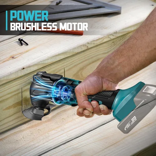 Vista 3 de Herramienta oscilante inalámbrica compatible con batería Makita, herramienta de motor sin escobillas de 21000 OPM máx con mango auxiliar Azul