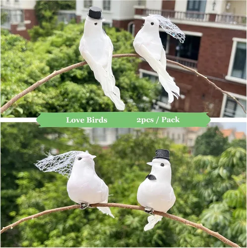 Vista 3 de 2 piezas de palomas artificiales blancas con clip, adornos de pájaros de amor para boda, plumas de espuma para decoración y manualidades