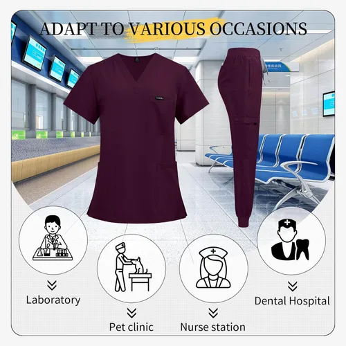 Vista 5 de VIAOLI Conjunto de ropa quirúrgica para mujer, camiseta con cuello en V y pantalón deportivo de yoga, uniforme médico de enfermería para mujer