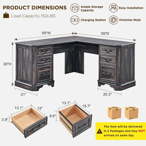 Vista 2 de T4TREAM - Escritorio ejecutivo en forma de L de 59 pulgadas con cajones, escritorio de computadora de madera estilo granja, con estación de carga