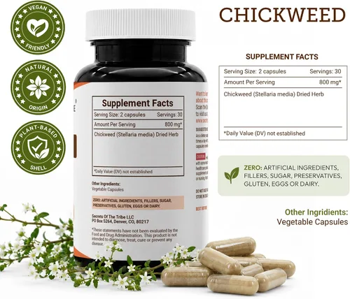 Vista 3 de Secrets of the Tribe Chickweed 60 Cápsulas, 1000 mg, Pamplina (Stellaria Media) Hierba Seca (60 Cápsulas)
