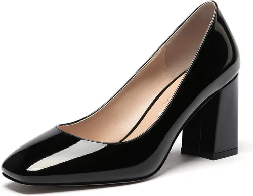 Vista 2 de MODENCOCO Zapatos de tacón alto de bloque sólido con puntera cuadrada gruesa para mujer, 3 pulgadas
