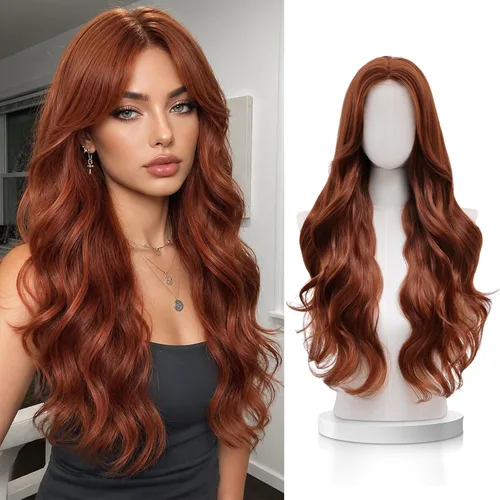 Vista 31 de VERNA - Peluca rubia con flequillo, peluca sintética de aspecto natural, rizada, ondulada de 26 pulgadas, resistente al calor, estilo de parte media