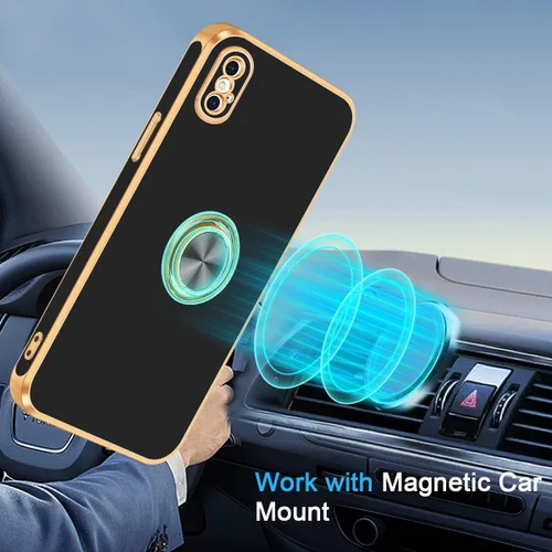 Vista 7 de Fingic Funda para iPhone X, iPhone Xs con soporte de anillo, soporte magnético giratorio de 360°, chapado en oro, borde dorado, delgada, suave, TPU