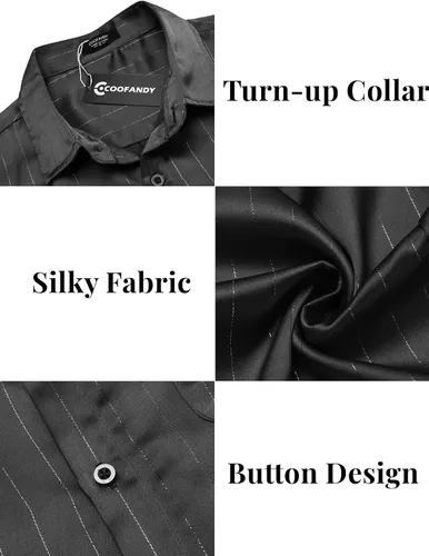 Vista 5 de COOFANDY Camisas de vestir de seda de manga corta para hombre, camisas casuales de satén con botones y bolsillo, para fiesta, graduación, boda