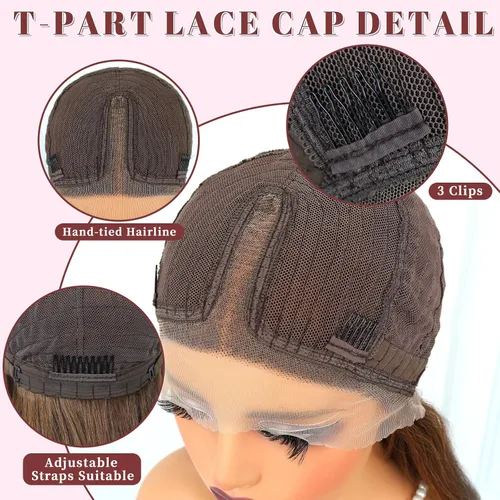 Vista 7 de Pelucas de encaje frontal sintético lacio marrón, sin pegamento, línea de cabello natural, con reflejos marrones, pelucas de encaje sintético marrón