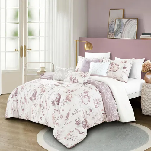 Vista 23 de ESCA Juego de edredón floral morado Queen - 7 piezas de ropa de cama botánica ciruela malva