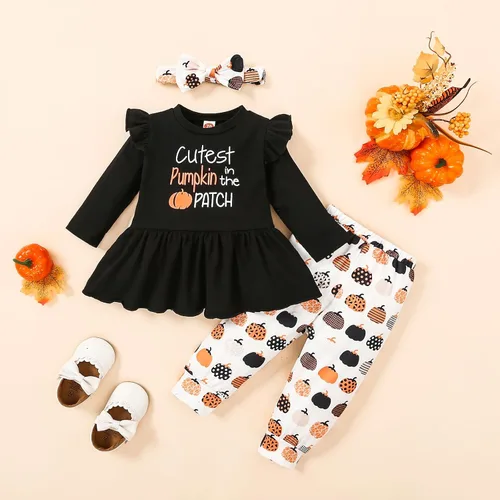 Vista 2 de Noubeau My 1st Halloween Baby Girl Outfits Ruffle Pumpkin Print Túnica Drees Camisa Pantalones Rayas Legging Otoño Invierno Ropa