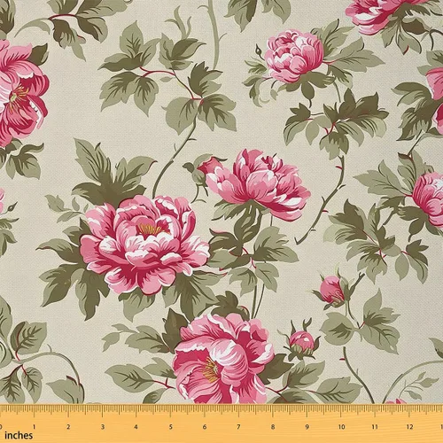 Vista 9 de The Yard - Tela de rosa rosa de estilo romántico floral para amantes de la costura, flores de jardín botánico, hojas de tela para decoración