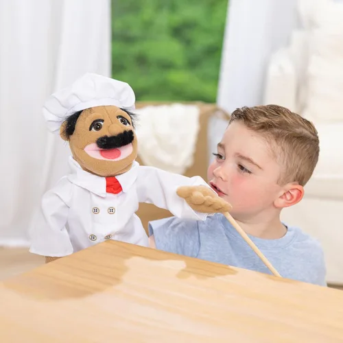 Vista 5 de Melissa & Doug – Marioneta de chef (Al Dente) con varilla de madera desmontable para juego de rol Chef Puppet Pepe