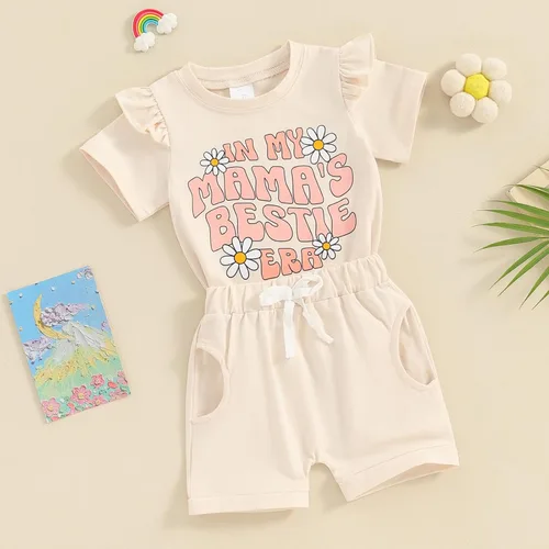 Vista 2 de Newbgclo Ropa de verano para bebé niño y niña, camiseta de manga corta con estampado de letras, camiseta de manga corta, pantalones cortos