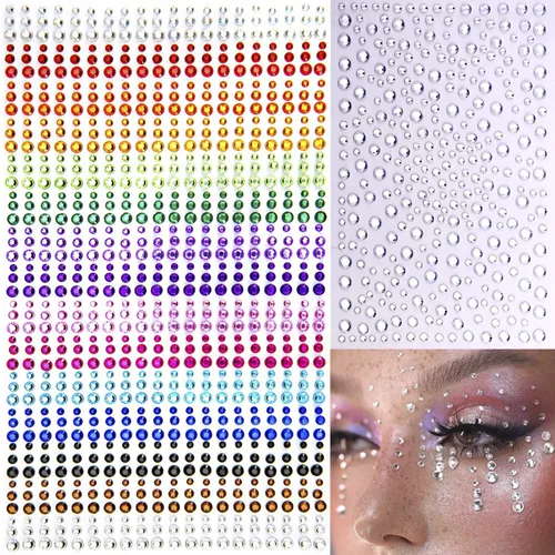 Vista 8 de 6 hojas de joyas para la cara, gemas para la cara, diamantes de imitación autoadhesivos para maquillaje, accesorios para disfraces de festivales
