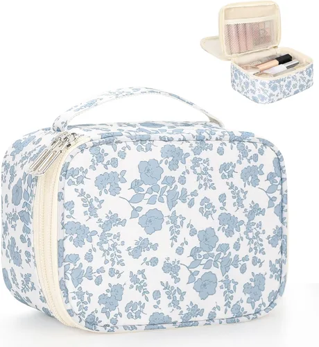 Vista 9 de Relavel Bolsa de maquillaje pequeña para mujer y niña, bolsa de maquillaje y brochas portátil de 2 capas, organizador de brochas de regalo de Navidad