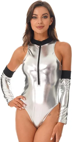 Vista 2 de Doomiva Disfraz de astronauta de charol brillante para mujer, body de corte alto con sobremanga