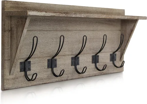 Vista 9 de HBCY Creations Perchero de pared de madera maciza color marrón rústico con estante, 5 ganchos, 24 pulgadas de largo, cocina, vestíbulo, entrada