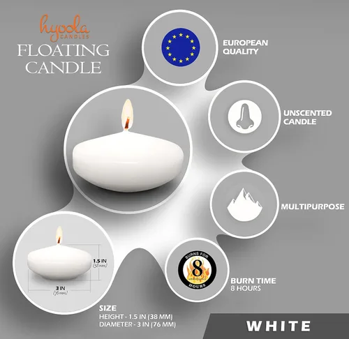 Vista 2 de Hyoola Velas flotantes blancas prémium de 3 pulgadas - 8 horas - Paquete de 12 - Fabricadas en Europa