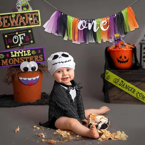 Vista 2 de Cartel para silla alta de Halloween, decoración espeluznante, fondo de fotos de primer cumpleaños, pancarta de cumpleaños de calabaza, guirnalda