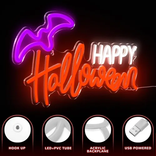 Vista 3 de Treela Letrero de neón de Halloween para decoración de pared, luces LED de neón para ventana, funciona con USB, murciélago iluminado para pared