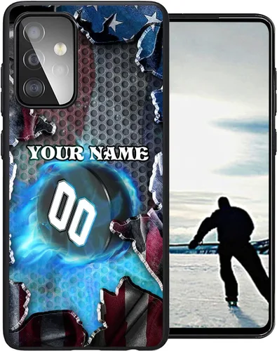 Vista 2 de Personalized Ice Hockey vs Name Number US Flag Decor Rubber Cover Phone Case for Galaxy America Fire