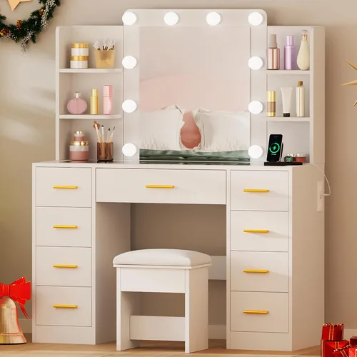 Vista 9 de BEWISHOME - Tocador de maquillaje con espejo y luces, mesa de tocador blanca con superficie de vidrio, toma de corriente, taburete, tocador con 9