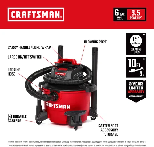 Vista 2 de CRAFTSMAN CMXEVBE17584 Aspiradora húmeda y seca de 6 galones, 3.5 pico de HP, aspiradora portátil para tienda húmeda y seca con filtro, bolsa