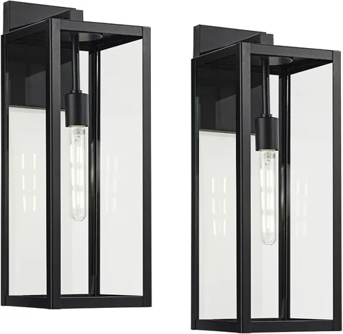 Vista 2 de John Timberland Titan - Juego de 2 lámparas de pared modernas para exteriores, marco rectangular negro místico, paneles de cristal transparente