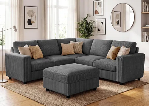 Vista 19 de HONBAY Sofá modular de pana con almacenamiento, sofá en forma de U con diván, sofá modular de 7 plazas para sala de estar, color beige