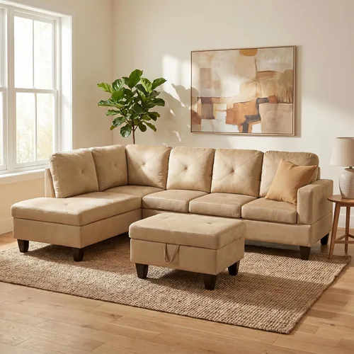 Vista 7 de Sofá modular de cuero en forma de L de 3 piezas – Sofá modular convertible con diván móvil y otomana de almacenamiento, uso multiescenario para sala