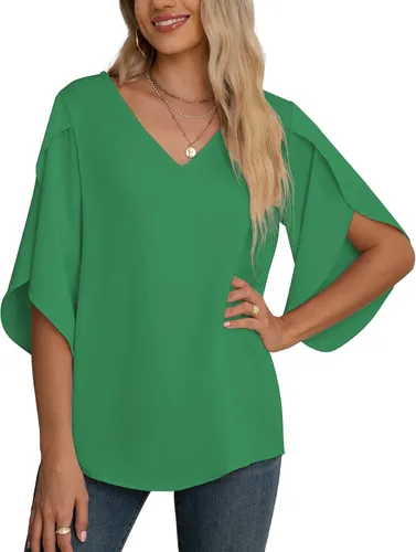 Vista 26 de Blusas de gasa con mangas 3/4 arrugadas de otoño para mujer de Jouica 01amy Verde