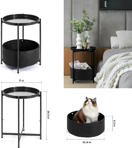 Vista 2 de Mesa auxiliar pequeña, mesa auxiliar redonda negra con cesta de almacenamiento, mesita de noche de metal con bandeja extraíble, mesita de noche Negro
