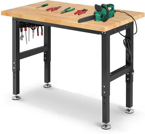 Vista 16 de ENJOYWOOD Mesa de trabajo para garaje de 60 pulgadas Banco de trabajo con almacenamiento Altura ajustable Tablero de madera de goma Banco de trabajo