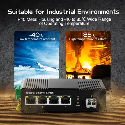 Vista 4 de Interruptor industrial Gigabit PoE de 5 puertos, IEEE802.3af/at Ethernet, 1 puerto SFP con módulo LC de 12.4 mi, aleación de aluminio IP40 -40 ~