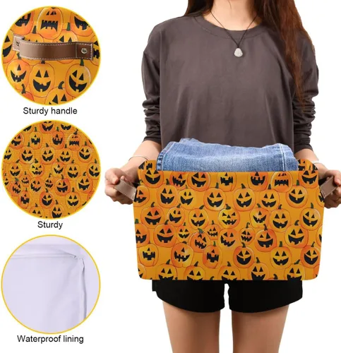 Vista 7 de Cesta de almacenamiento sin costuras de Halloween, bolsa organizadora plegable de tela de calabaza amarilla con asas, 15 x 11 x 9.5 pulgadas