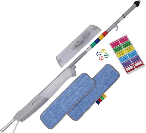 Vista 2 de Boardwalk Sistema de trapeador de microfibra sin cubos, cabezal de microfibra azul de 5 x 18, mango de aluminio/polipropileno gris de 59 pulgadas