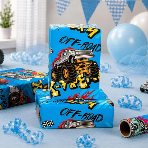 Vista 6 de Burymento Monster Truck Wrapping Paper Roll, Boys Birthday Wrapping Paper