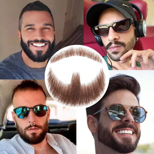 Vista 4 de colorvay Fake Beard Human Hair Full Hand Tied Realistic Fake Mustache Brown Human Hair Jack Sparrow Fake Goatee Costume Beard Fake Facial Hair Lace