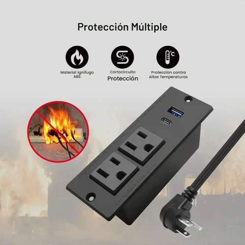 Vista 5 de Regleta de alimentación empotrable USB C, estación de alimentación de escritorio de carga rápida, 2 tomacorrientes, 2 tomas de corriente USB