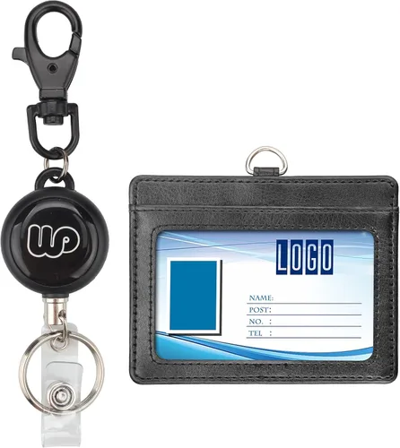 Vista 2 de Wisdompro, sujetador de documento de identidad de piel de PU de dos caras, riel retráctil y anillo para llave.