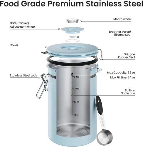 Vista 25 de Veken - Recipiente hermético para café de acero inoxidable, contenedor de almacenamiento de alimentos para la cocina con registro de fecha y cuchara