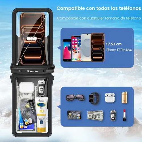 Vista 3 de Niveaya Bolsa impermeable para teléfono con doble espacio - 2 unidades, funda impermeable con cordón para iPhone 16/15/14/13/12 Pro Max hasta 8.3