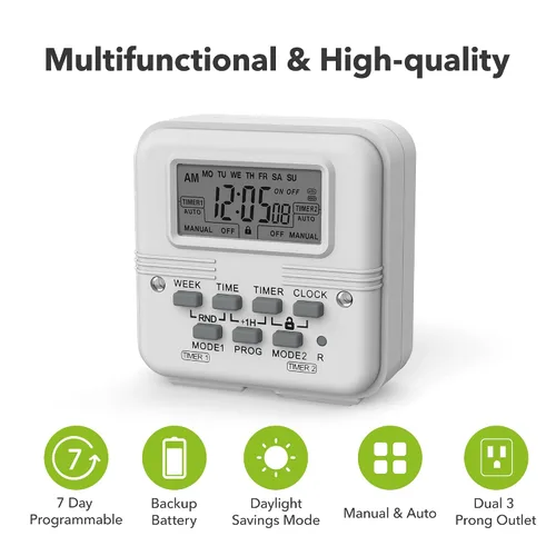 Vista 7 de BN-LINK Temporizador de luz digital para interiores, enchufe programable de 7 días con 2 salidas independientes de 3 clavijas, para lámparas