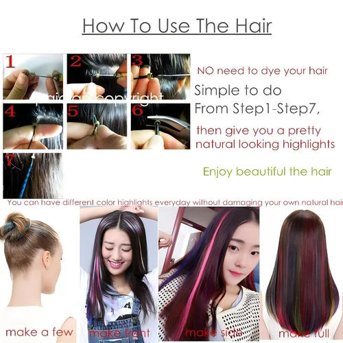 Vista 9 de Extensiones de cabello arcoíris, 100 unidades de rayas de cabello de colores para niñas y mujeres, extensiones sintéticas rectas de 20 pulgadas