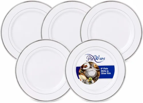 Vista 2 de PLEXWARE 10 platos llanos de plástico blanco resistente con borde dorado, platos llanos desechables de 10.25 pulgadas, platos de catering de alta