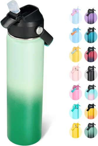 Vista 14 de Fijinhom Botella de agua aislada de acero inoxidable de 18 oz, de boca ancha, de doble pared, con vacío, con pajita de silicona, a prueba de sudor