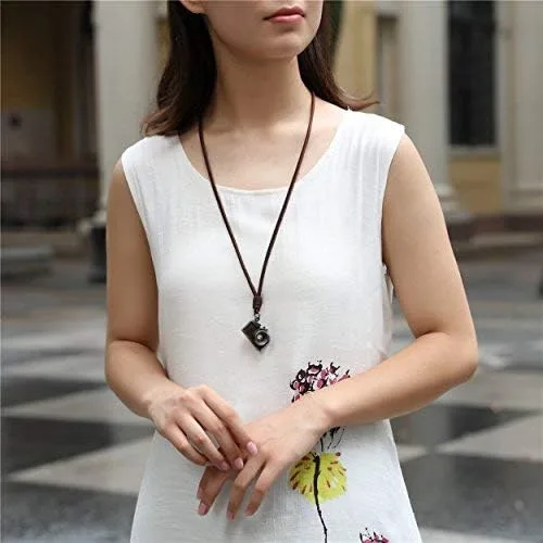 Vista 4 de COOSTUFF ANNA Vintage Hombres Mujeres Joyería Rock Punk Cámara Colgante Cuero Genuino Collar Largo Collar Mujer Regalo Collar Collar Negro, Piel