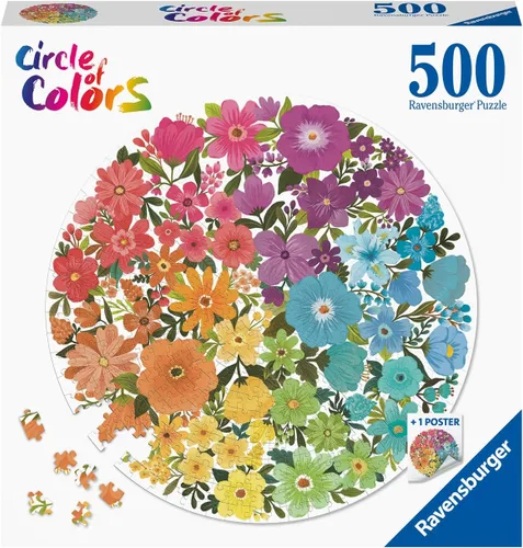 Vista 2 de Ravensburger Circle of Colors: Flowers - Rompecabezas redondo de madera de 500 piezas para adultos y niños, diseño único de piezas, vibrante y sin