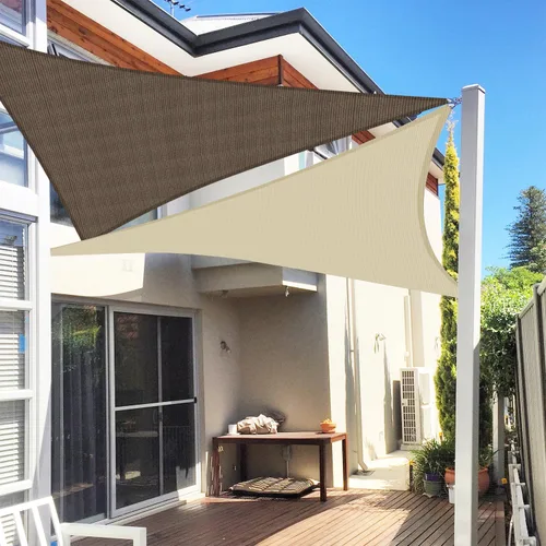 Vista 7 de E&K Sunrise Vela de sombra solar triangular derecha de 10' x 10' x 14.1' pies, toldo cubierta de sombra con bloqueo UV para patio, jardín trasero